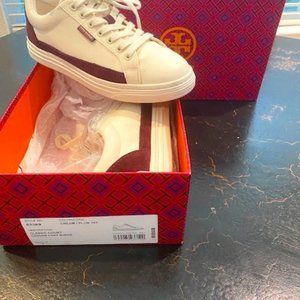 Tory Burch size 7 Classic Court Canvas/Natural Suede shoe in cream/plum